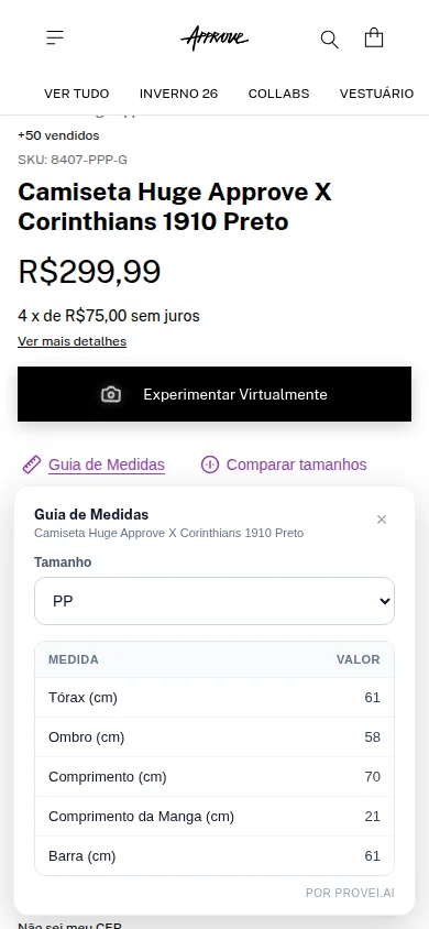 Guia de medidas da Provei.AI aberto no celular sobre a loja da Approve