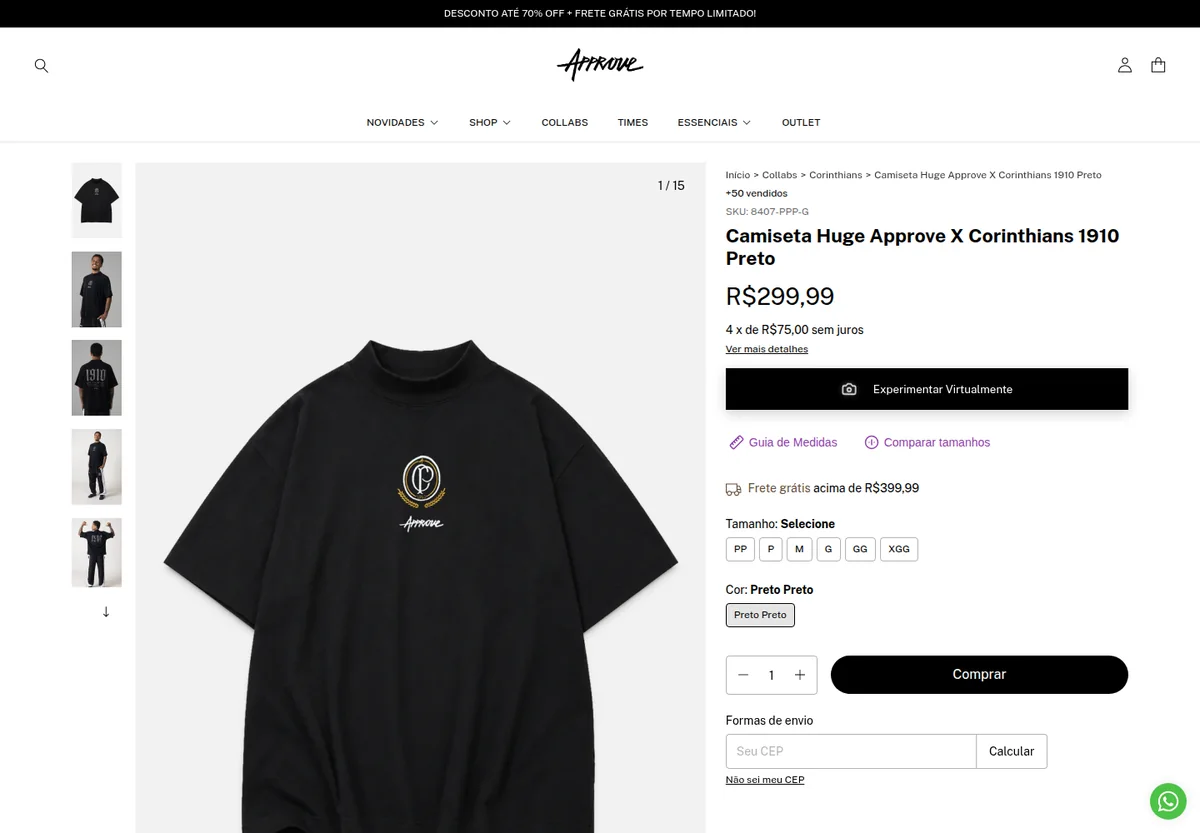Página de produto da Approve com acesso ao provador virtual, guia de medidas e comparação de tamanhos