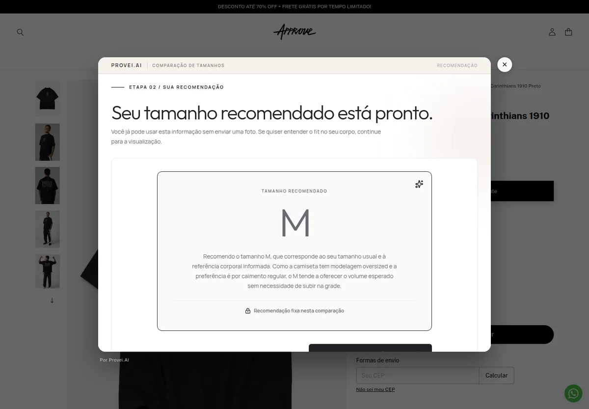 Tela recomendando o tamanho M para um produto da Approve
