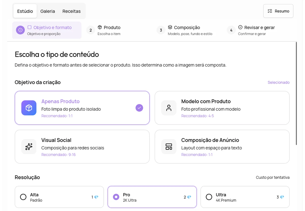 Tela real do Provei Studio com objetivos de criação, etapas do fluxo e opções de resolução