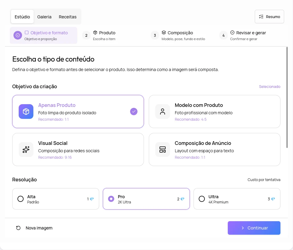 Tela do Provei Studio para escolher objetivo, formato e resolução antes de gerar
