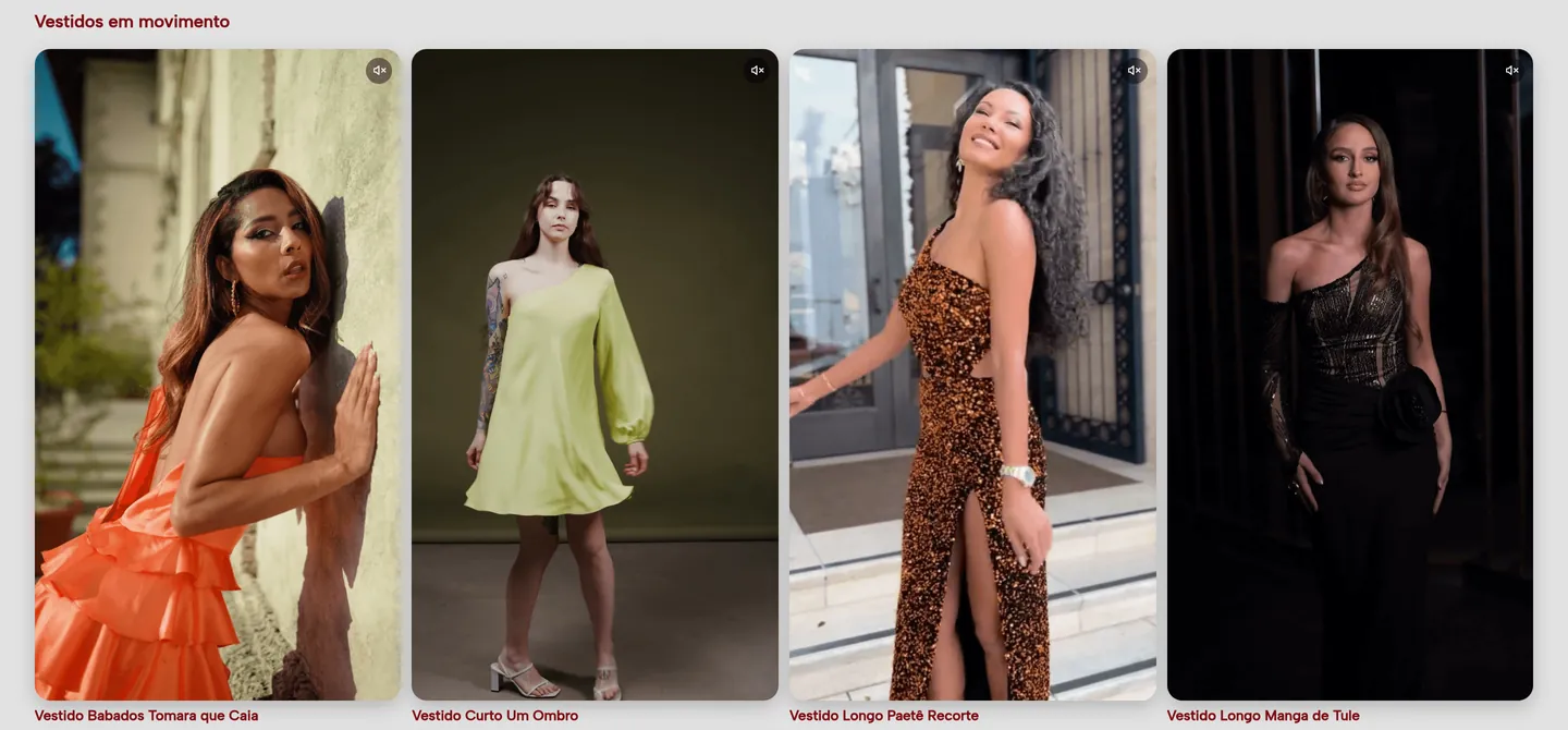Grade com quatro vídeos de vestidos na página de categoria da loja de demonstração