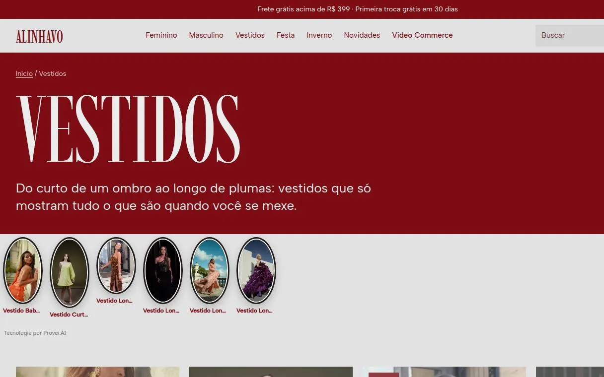 Página da categoria Vestidos na loja de demonstração com uma fileira de stories redondos abaixo do banner