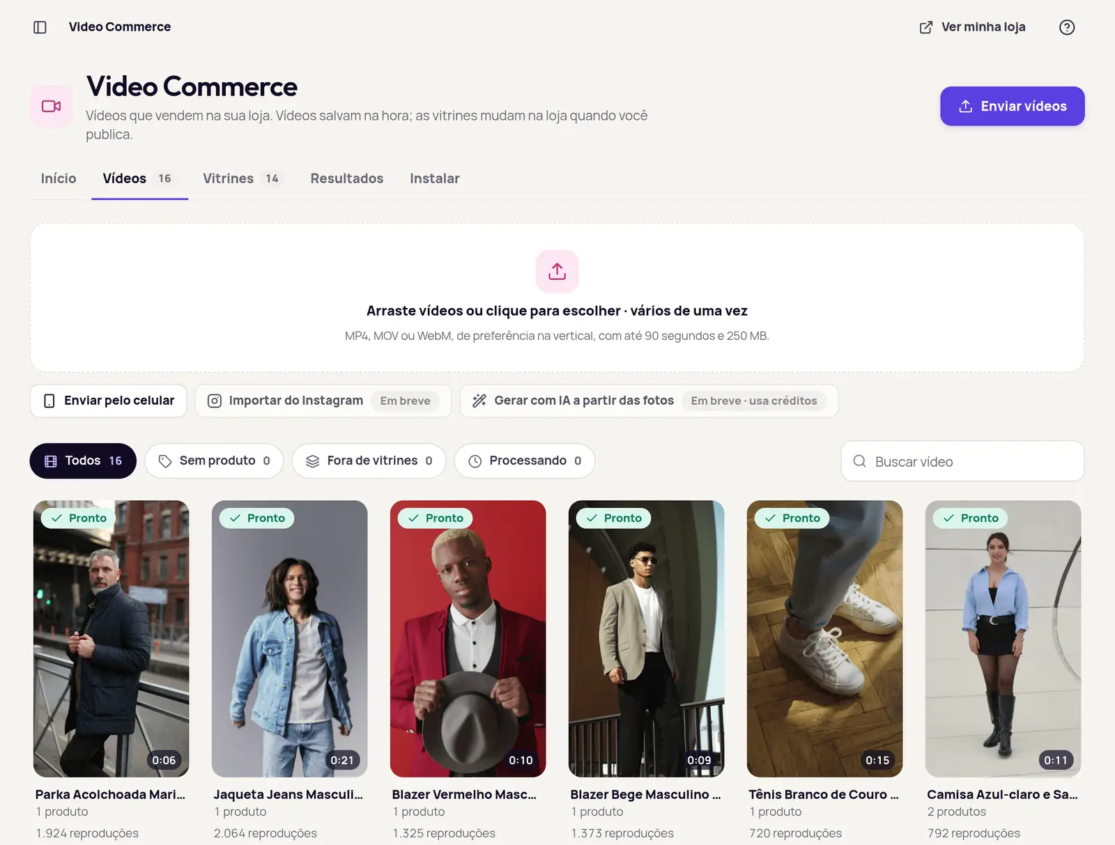 Tela Vídeos do Video Commerce com a área de envio, o botão Enviar pelo celular e a biblioteca de vídeos prontos