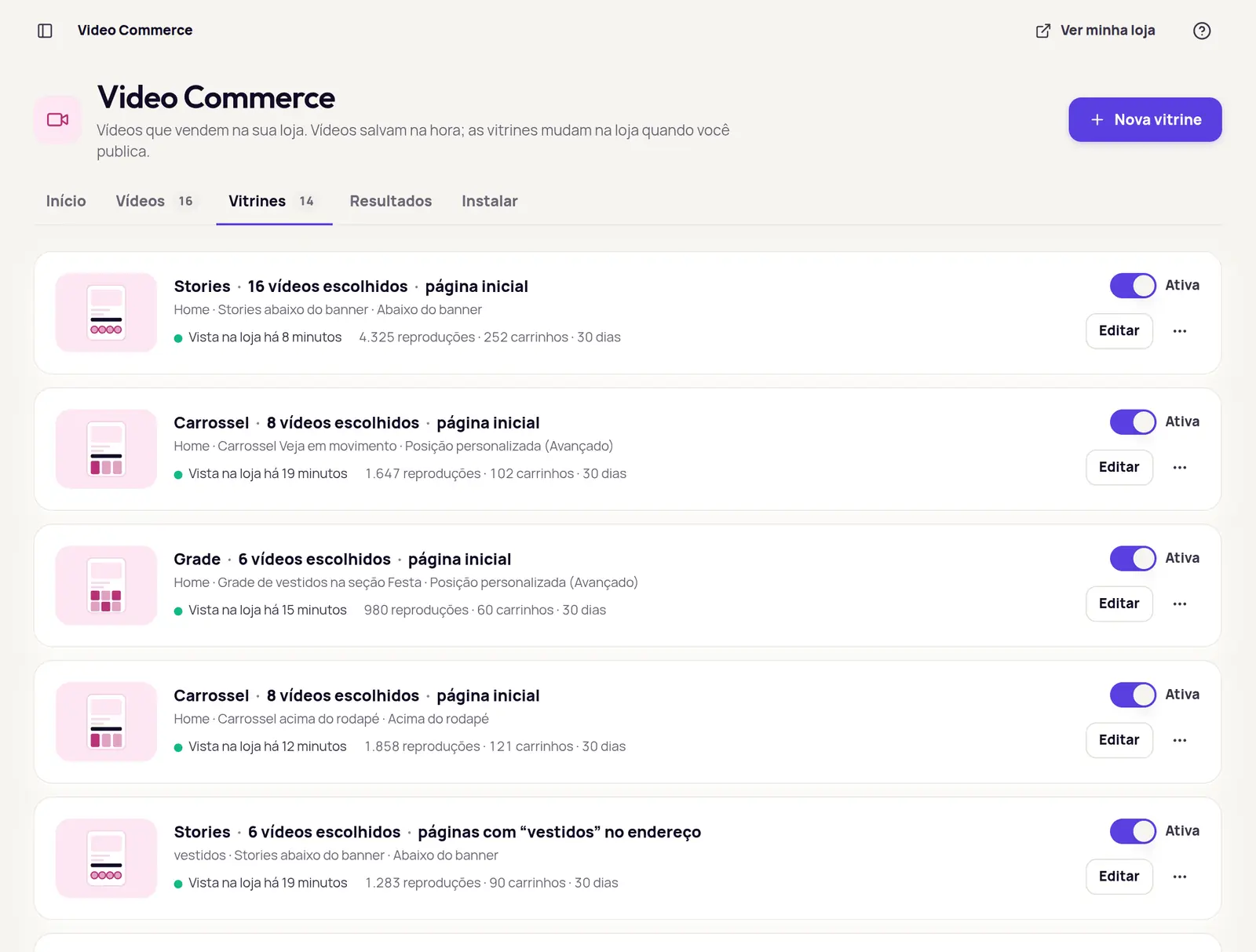 Lista de vitrines com formato, página, lugar e o status Ativa em cada uma