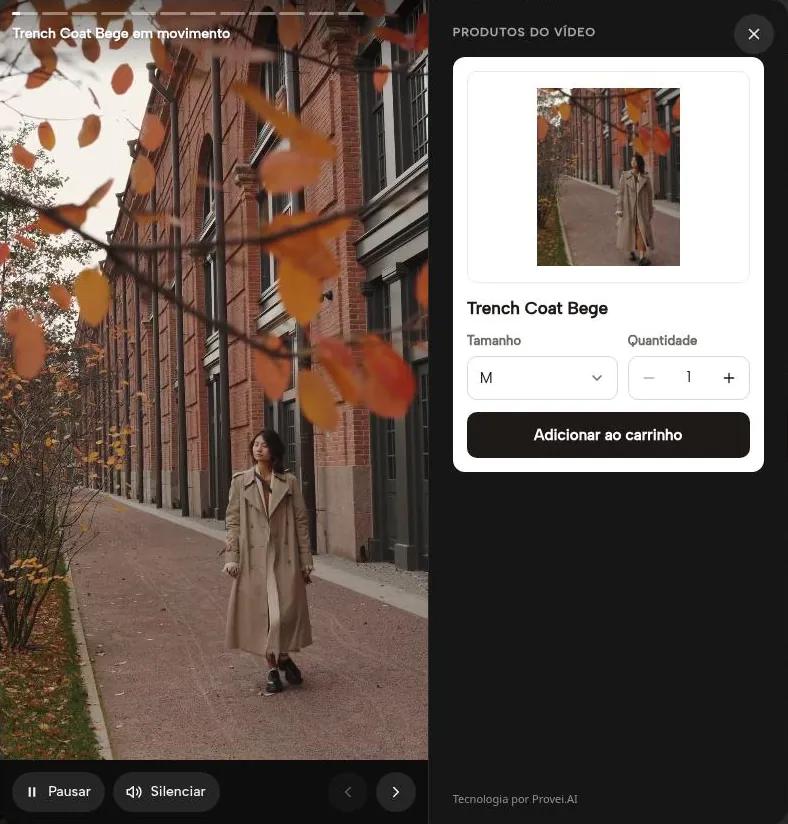 Player no computador com o vídeo de um trench coat e o painel Produtos do vídeo, com tamanho, quantidade e o botão Adicionar ao carrinho